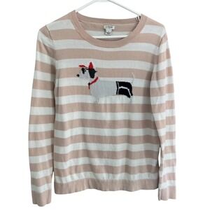 J Crew Women Striped Dog Graphic Sweater Pink White Long Sleeve Crew Neck Size S